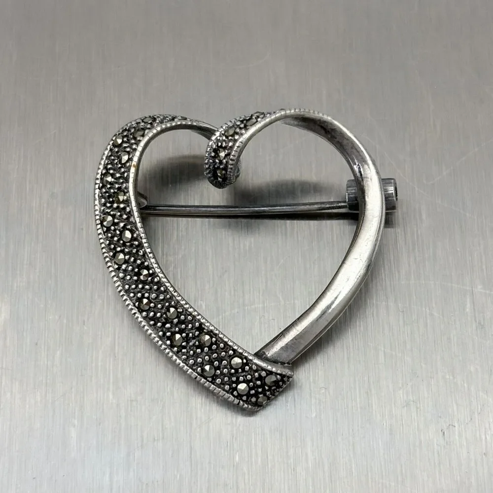 Vintage Sterling Silver Marcasite Heart Brooch